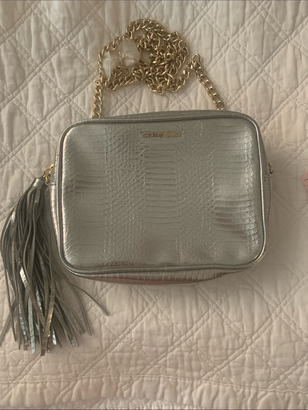 Victoria’s Secret Metallic Silver Crossbody with Gold Chain and Tassel